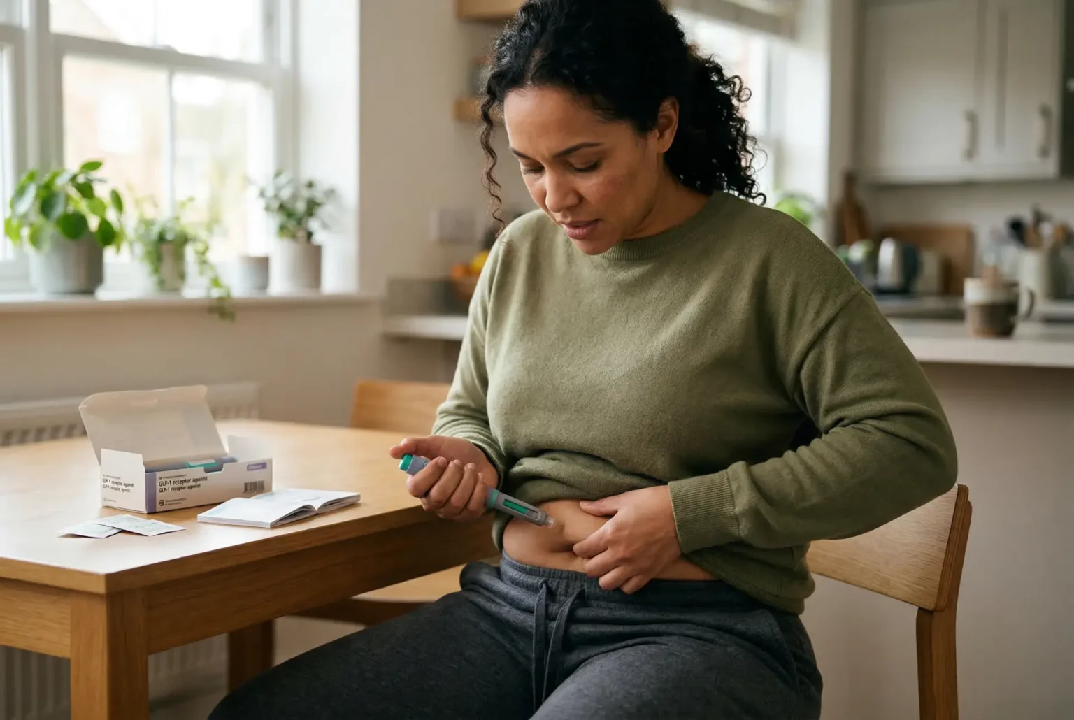 woman injecting glp-1 weight loss medication to loose weight